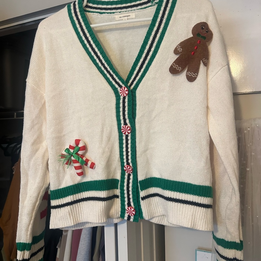 Charming Holiday Cardigan with Gingerbread and Candy Cane Accents